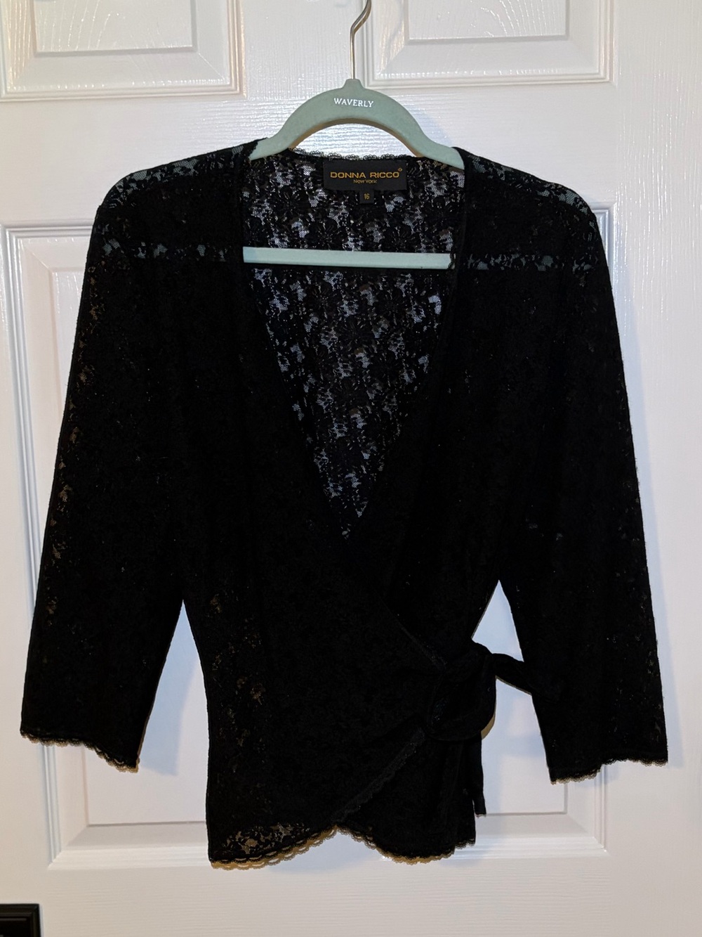 Donna Ricco Sexy Sheer Black Lace Wrap Top With 3/4 Sleeves. Fits 12 to 16